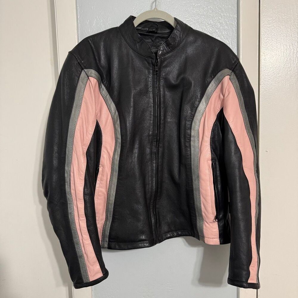 Hot Leathers Women’s Moto Jacket Black w/ Pink & Silver Stripes XL